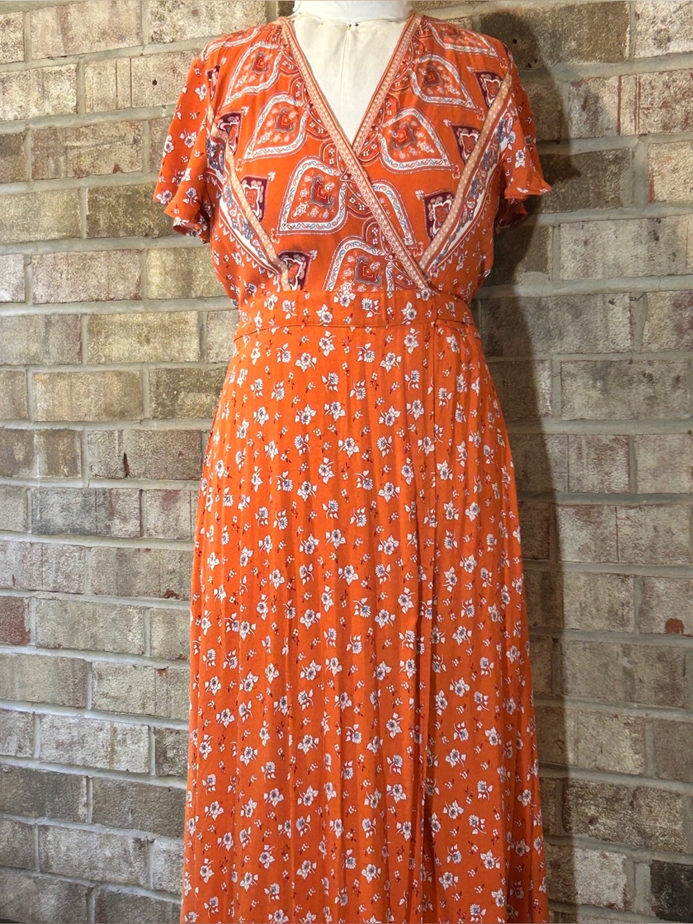 Zesica Orange Boho Floral Tiered Wrap Maxi Dress Size Large